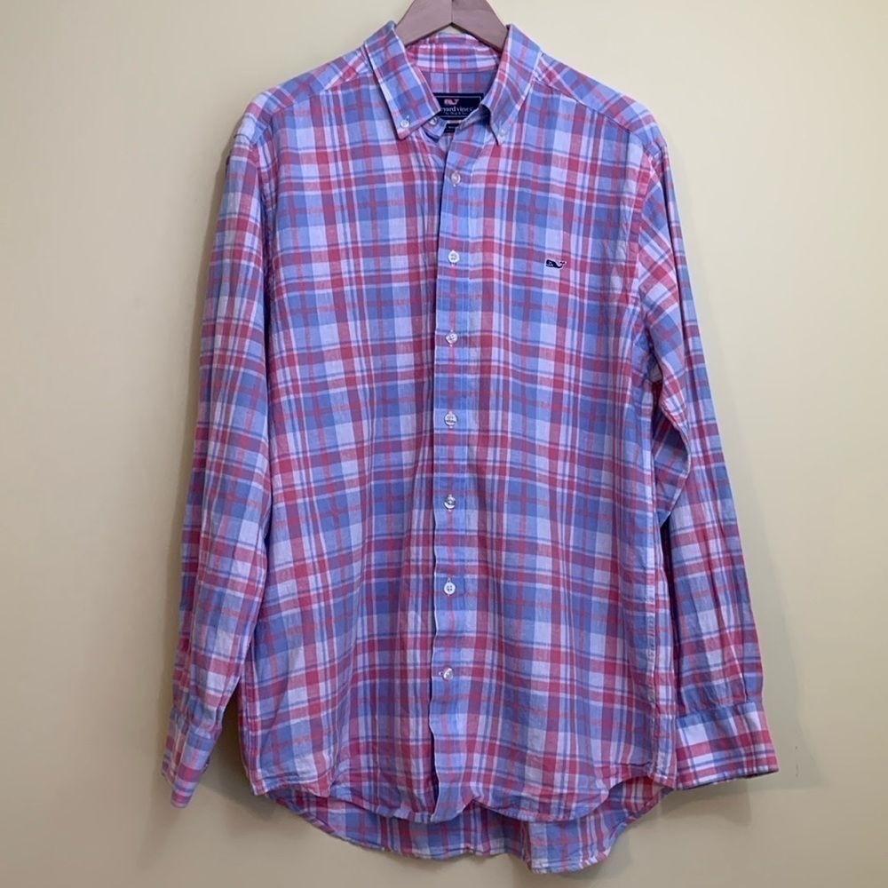 Vineyard Vines Plaid Slim Fit Whale Cotton Linen Blend Button Down Oxford Shirt - Picture 3 of 17
